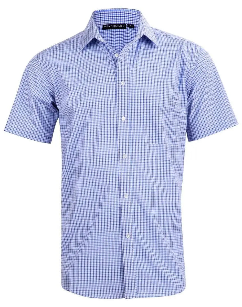 BENCHMARK Men’s Two Tone Gingham Short Sleeve Shirt M7320S Corporate Wear Benchmark Navy/White/Skyblue XS
